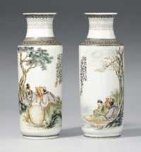XING FANXIAN， DATED WUZI YEAR， CORRESPONDING TO 1948 A PAIR OF FINE FAMILLE ROSE CYLINDRICAL VASES
